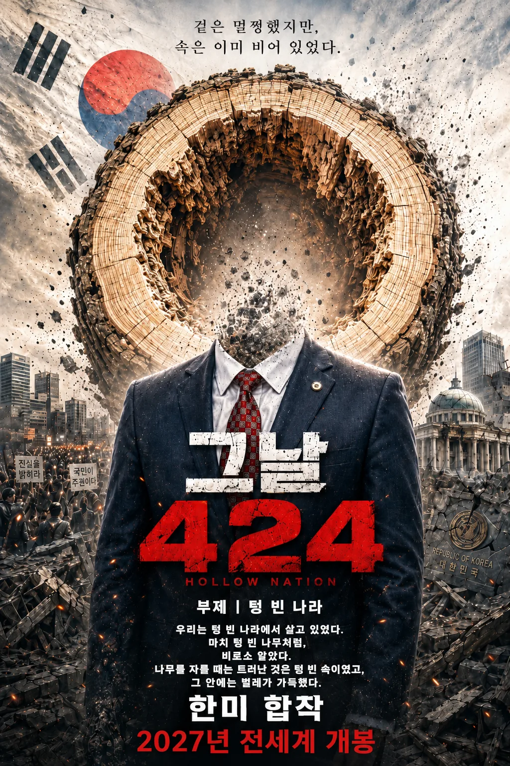 영화 그날 424 콘셉트 포스터. 텅 빈 고목 아래 머리가 부서져 내리는 정장 차림의 형상.